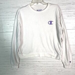 Champion White Cropped Crewneck Sweatshirt Purple C Logo Women’s Large